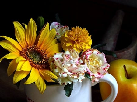 CUP OF FLOWERS - MARIGOLDS, BLACK EYED SUSANS, CUP, FLOWERS