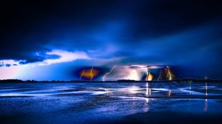 fantastic lightning storm hdr - blue, clouds, lightning, hdr, bay, storm