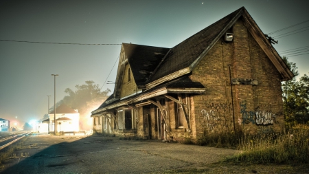 abandoned train station at night - train station, night, tracks, abandoned, lights