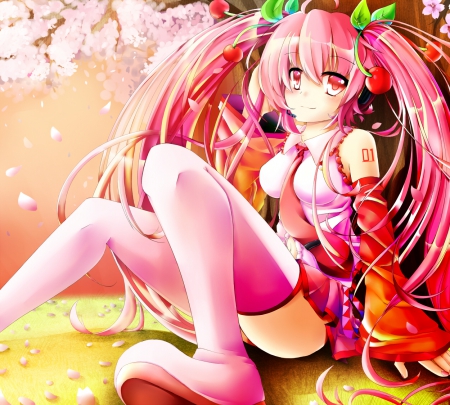 Sakura Miku - pretty, anime, vocaloid, female, blossom, hatsune miku, pink, long hair, pink eyes, hd, sakura miku, nice, pink hair, anime girl, sakura, twintails, hot, girl, lovely, sweet, petals, miku, cute, hatsune, sexy, vocaloids