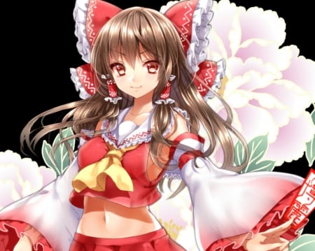 Hakurei Reimu - nice, female, hot, brown eyes, anime girl, brown hair, peonies, touhou, pretty, peony, anime, reimu, ribbon, cute, maiden, sexy, hakurei, girl, shrine maiden, long hair, hakurei reimu, lovely, abstract, kawaii, floral, sweet, dress, flower