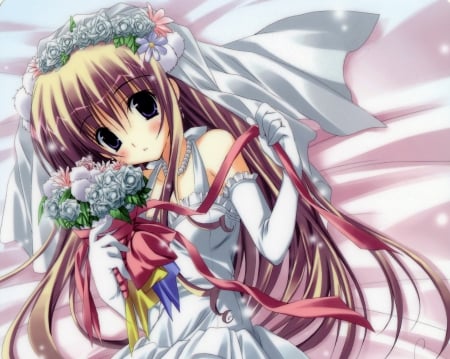 ♡ Bride ♡ - pretty, female, maiden, lying, blond, nice, veil, gown, bride, hot, wedding, beauty, flower, bouquet, lady, cute, floral, sexy, anime, elegant, dress, blonde, wed, blond hair, long hair, gorgeous, hd, ribbon, anime girl, beautiful, girl, blonde hair, lovely, sweet