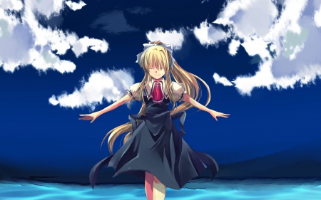 Air - fun, anime girl, blond hair, eyes closed, amazing, blonde hair, ribbon, kamio, manga, air, ponytail, long hair, playful, pony tail, bow, beautiful, air tv, sweet, dress, happy, sky, emotional, water, gorgeous, pretty, clouds, blue dress, anime, cute, eyes shut, lovely, blue, smile, awesome, misuzu