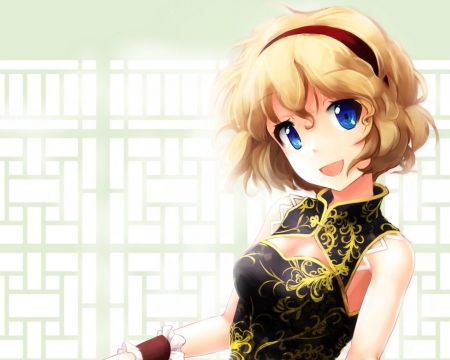 Oriental - nice, female, hot, blond, anime girl, blond hair, blonde hair, pretty, anime, oriental, cute, short hair, sexy, girl, blue eyes, lovely, sweet, cheongsam, blonde