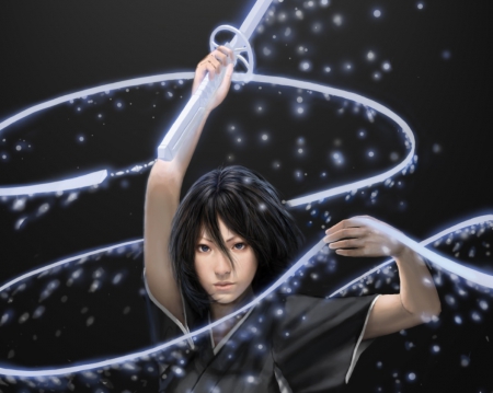 Rukia Kuchiki - anime, female, rukia kuchiki, dark, shinigami, short hair, bleach, kuchiki, rukia, hd, sode no shirayuki, weapon, soul reaper, abstract, anime girl, realistic, hot, girl, sword, zanpakuto, soul society, blade, cg, black, kuchiki rukia, black hair, cute, 3d, sexy