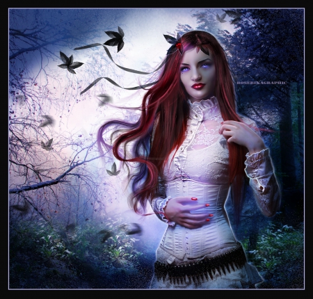 ~Black Leaves~ - pretty, female, splendor, dress, photomanipulation, leaves, flowers, plants, black leaves, women, trees, beautiful, charm, digital art, weird things people wear, colors, lovely, cool, hair, girls, fall, colorful, fantasy, redhead, model, background, animals