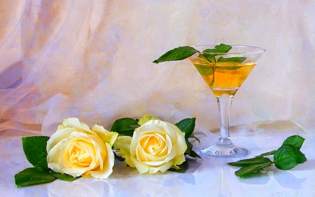 Roses - roses, drinks, mint, tea, flower, glass