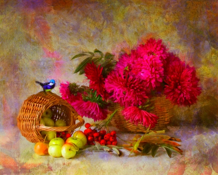 Still life - fruits, basket, flower, still life