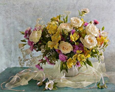 Still life - roses, petals, fabric, flowers, still life