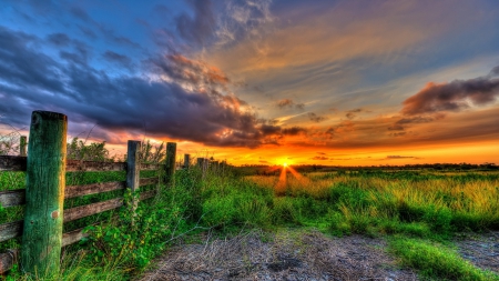 abandoned fields at beautiful sunset hdr - fields, fence, clouds, hdr, sinset, grass