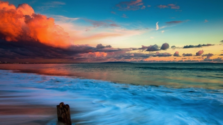 fabulous clouds over sea at sunset - clouds, sunset, beach, waves, sea