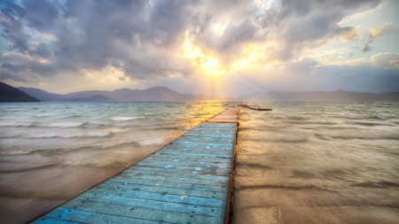 wonderful sunrise on docks in lake - lake, sunrise, clouds, dock