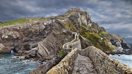 amazing stone walkway on coastal rock - rocks, clouds, coast, stone, walkway, sea, steps