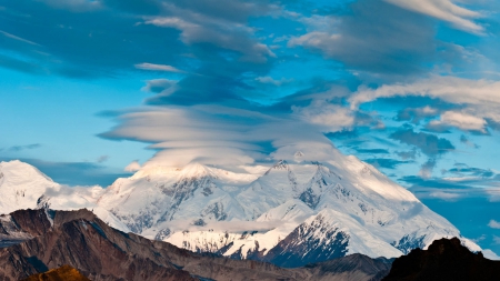 glorious mount mckinley in alaska - blue sky, mountain, snow, clouds