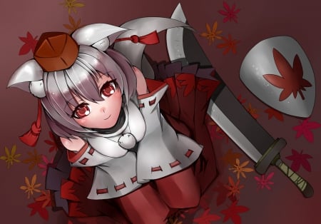 Leaves - hat, Inubashiri Momiji, anime, female, short white hair, girl, white hair, leaves, red eyes, short hair, manga, Touhou, weapon, leaf