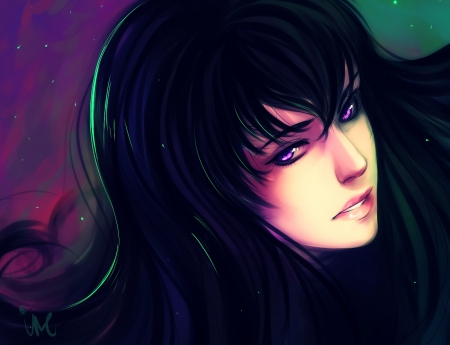 Long hair - dark hair, anime, female, realistic, purple background, green background, girl, long hair, long dark hair, manga