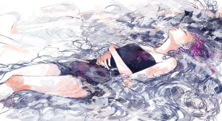 Exhausting - girl, female, long hair, water, aqua hair, closed eyes, long aqua hair, miku hatsune, hatsune, vocaloids, black outift, vocaloid, anime, miku, manga