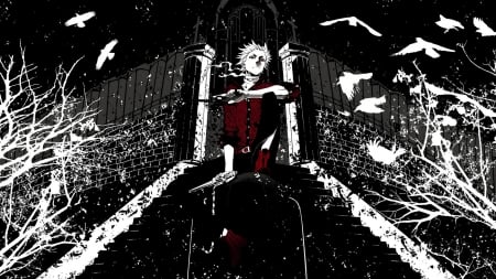 Monochrome - branches, anime, birds, Haine Rammsteiner, guy, male, short hair, boy, manga, stairs, scarf, red, black and white, sitting