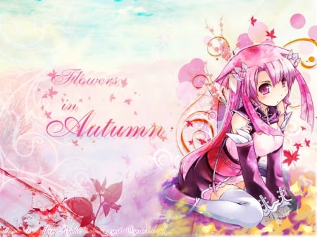 Flowers In Autumn - neko, pink, anime girl, cute, flowers in autumn