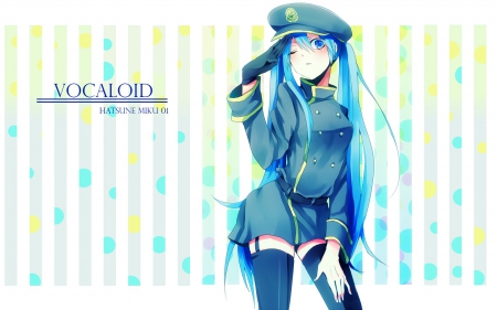 Military Miku - hat, background, 01, hastune miku, wallpaper, gloves, blue hair, stocking, vocaloid, blue yes, uniform, military