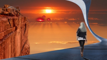 Woman - woman, mountain, cloud, sun, ufo, bridge