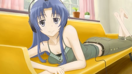 kawashima Ami - shirt, headphones, coach, blue hair, toradora, kawashima ami, pruple eyes, pants