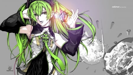 Green Miku - tie, vocaloid, headphones, hastune miku, miku, green hair, technology