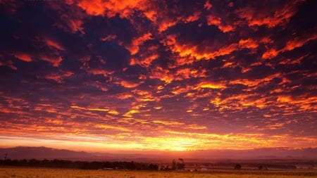 fiery sky at sunset - countryside, sunset, fiery, clouds