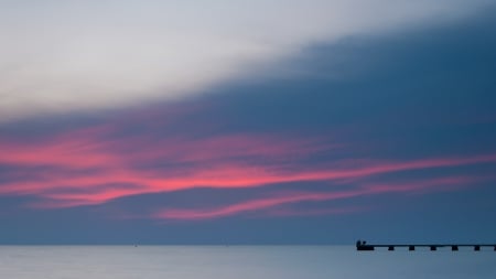 fisherman under beautiful sky at twilight - clouds, fisherman, twilight, sea, pier