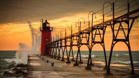 beautiful lighthouse in south haven michigan - sunset, lighthouse, waves, lake, pier