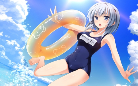 Wait For Me!! - clouds, anime, swimsuit, summer, beach, girl, ocean, sky