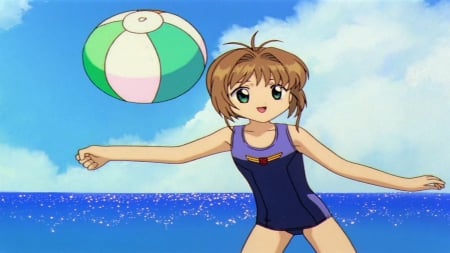 Sakura at the Beath - beach, sakura, ball, cute, kinomoto