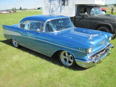 1957 Chevrolet Bel Air with 180 HP - chevrolet, chrome, blue, photography, tires