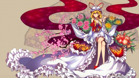 Yakumo Yukari - pretty, anime, female, blossom, dress, blonde, blond hair, long hair, touhou, blond, hd, nice, yakumo yukari, abstract, gown, anime girl, hot, girl, blonde hair, lovely, sweet, flower, petals, cute, floral, sexy