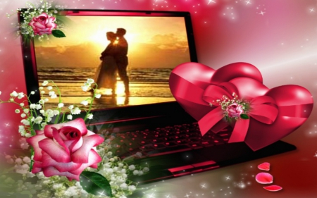 Hearts As A Gift - love, hearts, roses, couple, computer