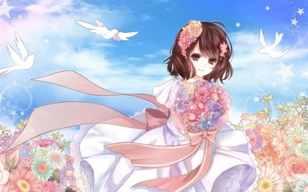 Nico - flowers, birds, dress, girl, meadow, nico, bow, sky