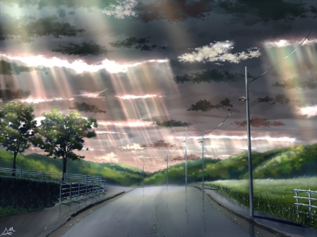 SunLight - street, horizon, road, beautiful, scenery, light, 3d, scenic, tree, nature, cloud, ray, pretty, plant, landscape, beauty, sweet, anime, hd, sky, cg, sunlight, nice, lovely, scene, sunray, realistic