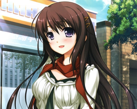 Akane Tachibana - beauty, nice, female, hot, anime girl, brown hair, pretty, anime, blouse, cute, sexy, girl, long hair, scarf, lovely, hd, beautiful, sweet