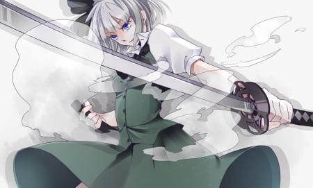 Konpaku Youmu - konpaku youmu, female, girl, short white hair, touhou, katana, anime, sword, ribbon, short hair, dress, manga, white hair