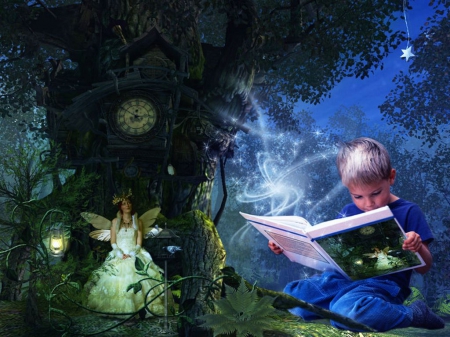 Fairytales Book - fairy, boychild, tree, lights