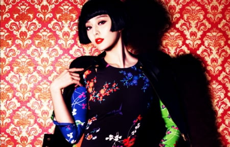 Fan Bingbing - yellow, blue, girl, beauty, fan bingbing, black, make-up, red, green, woman, model, brunette, asian