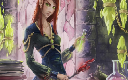 World of Warcraft - sorceress, game, girl, pink, fantasy, redhead, green, woman, world of warcraft, art