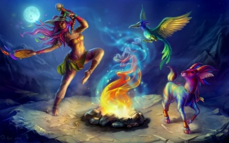 Wild dance - bird, sorceress, yellow, blue, night, pink, dark, skull, music, animal, fire, wild dance, moon, tattoo, game, girl, flame, ask, orange, fantasy, instrument, amazon, deer, woman, smoke