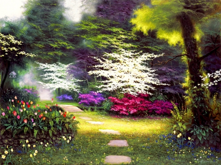 Stone path - blooming, blossoms, summer, beautiful, quiet, grass, bushes, nature, lvoely, stone, park, colorful, path, pretty, tulips, flowers, spring, fragrance, art, garden, nice, scent, flowering, lovely, trees, painting