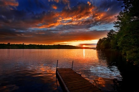 River sunset - pretty, summer, amazing, boat, evening, reflection, shore, lvoely, nice, trees, aky, water, beautiful, dock, pier, river, nature, sunset, fiery