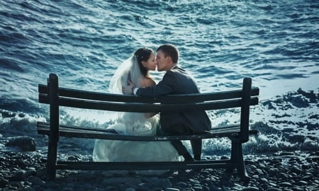 Forever - bride, forever, woman, sea, kiss, man