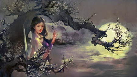 Beautiful sundance - beauty, lovely, moon, tree, girl, colors, colorful