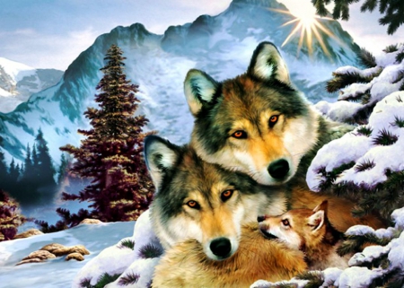 Wolf Family - landscape, trees, winter, predators, mountains, pup, wolves, artwork, snow