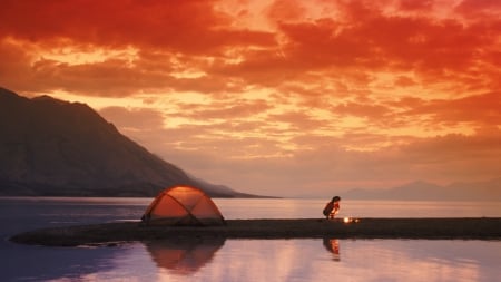 couldn't get further away from civilization - camper, tent, bay, mountain sunset, inlet