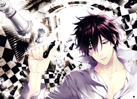 Saitou Yakumo - male, dark hair, shnrei tantei yakumo, shirt, chess, boy, anime, saitou yakumo, checkered floor, checkered, short hair, manga, guy, short dark hair